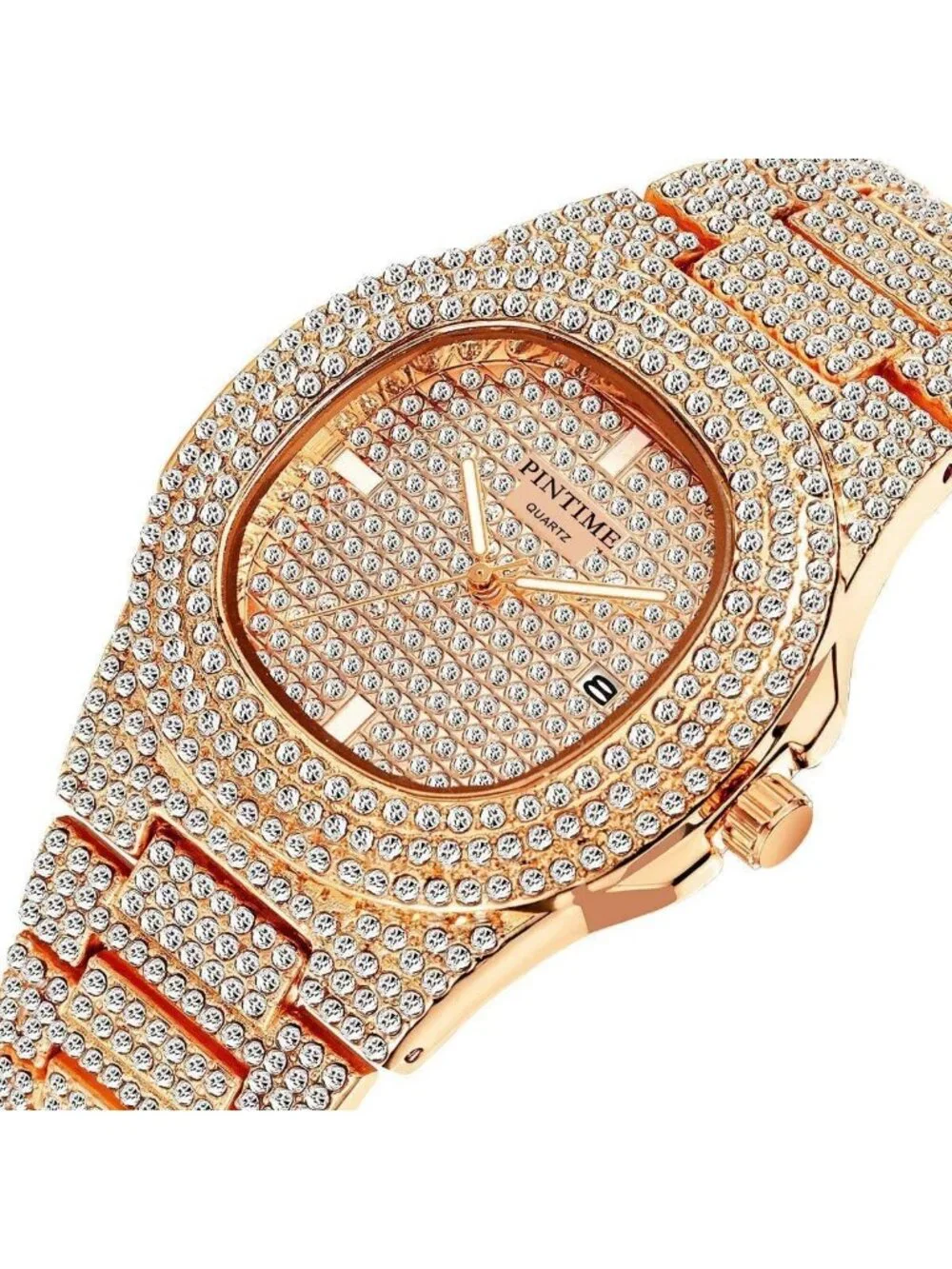 Unisex Rose Gold Crystal Diamond Stainless Steel Bracelet Band Wrist Watch